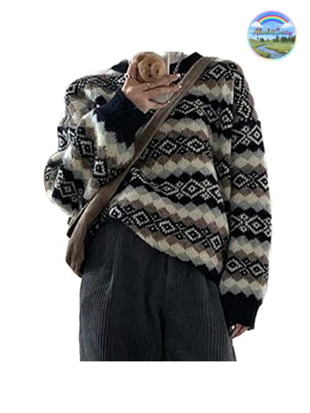 Womens Argyle Print Pullover Sweater Crewneck Chunky Knit Western Aztec Grunge